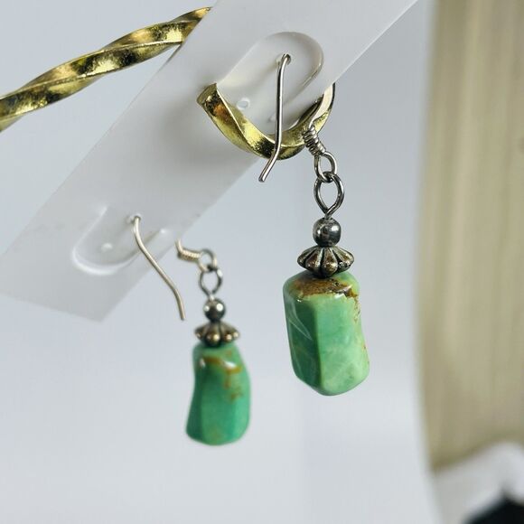 Unmarked Green Ceramic Drop Earrings 1.5" Silver Tone Dangle Boho Rustic Stone L - Picture 3 of 6